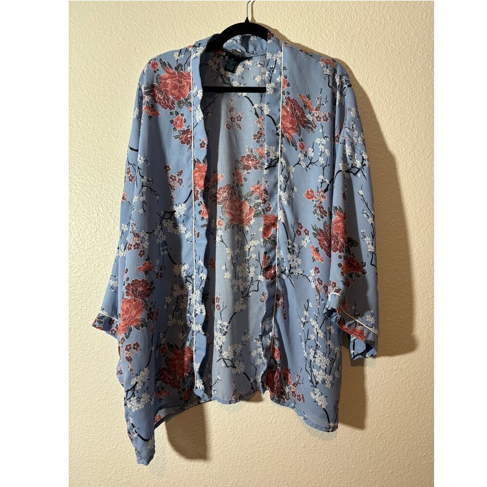 Rue+ Women's One Size OS Blue Floral Kimono-Inspired Open-Front Cardigan